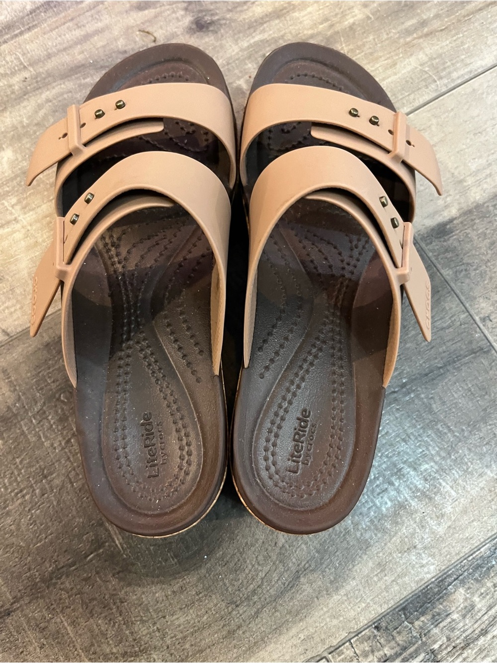 Crocs Brooklyn Double Buckle Platform Sandals LITERIDE Cork Wedge Taupe Womens 8 - Picture 7 of 9